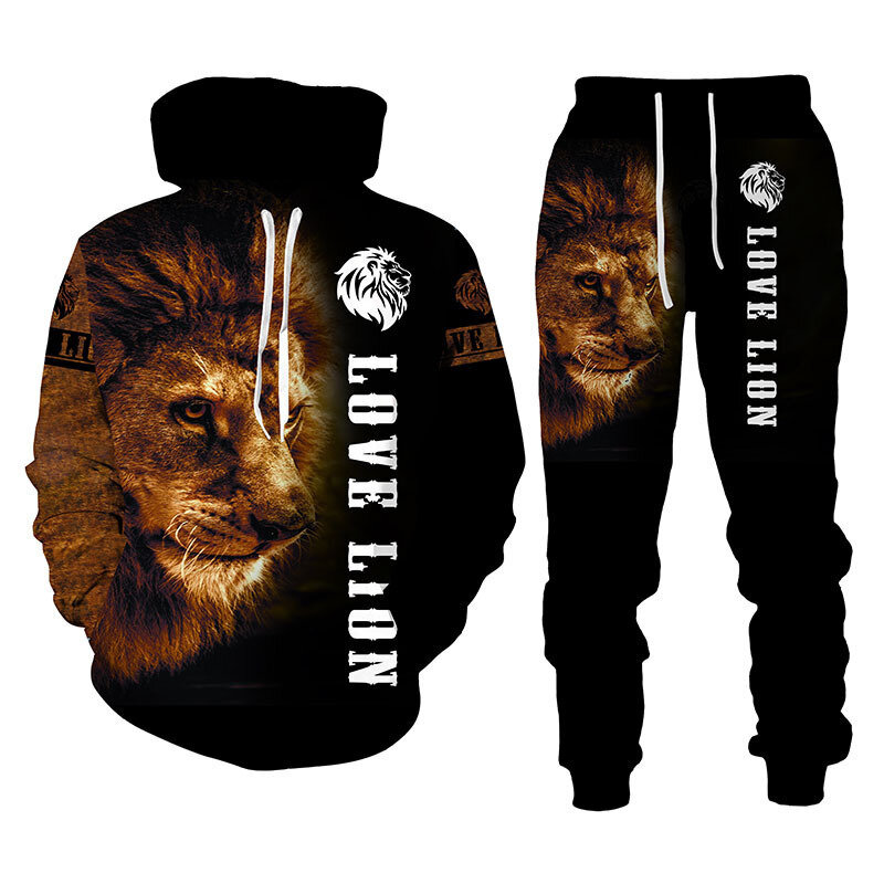Spring and Autumn New Lion King 3D Printing Men's Hooded Sweater Set Men's Sportswear Long Sleeve Men's Set