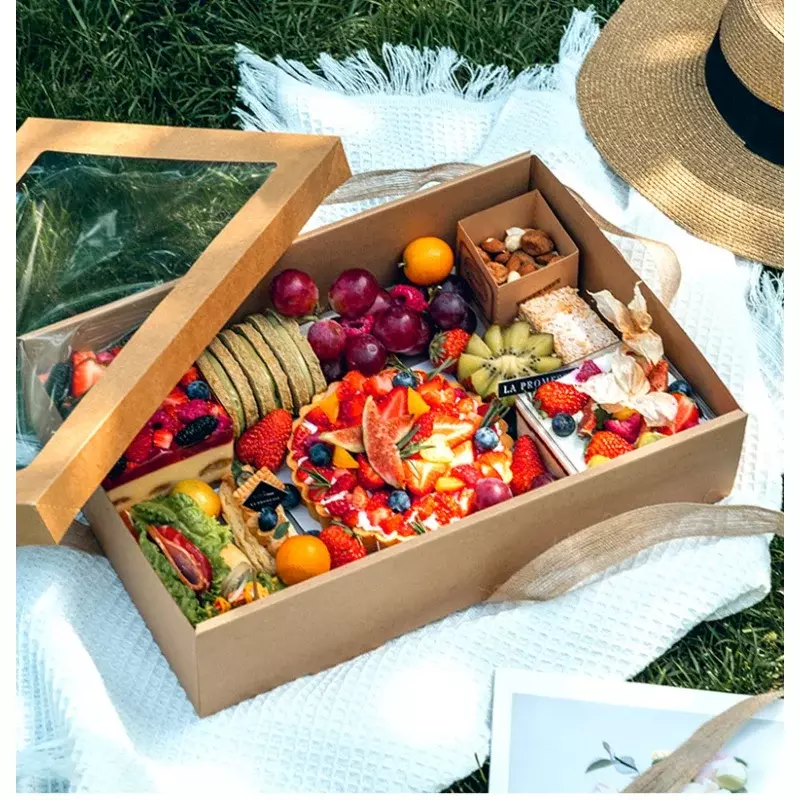 Customized productBig kraft corrugated food box foldable fold box for picnic food fruit salad dessert sandwich cup cake nuts pac
