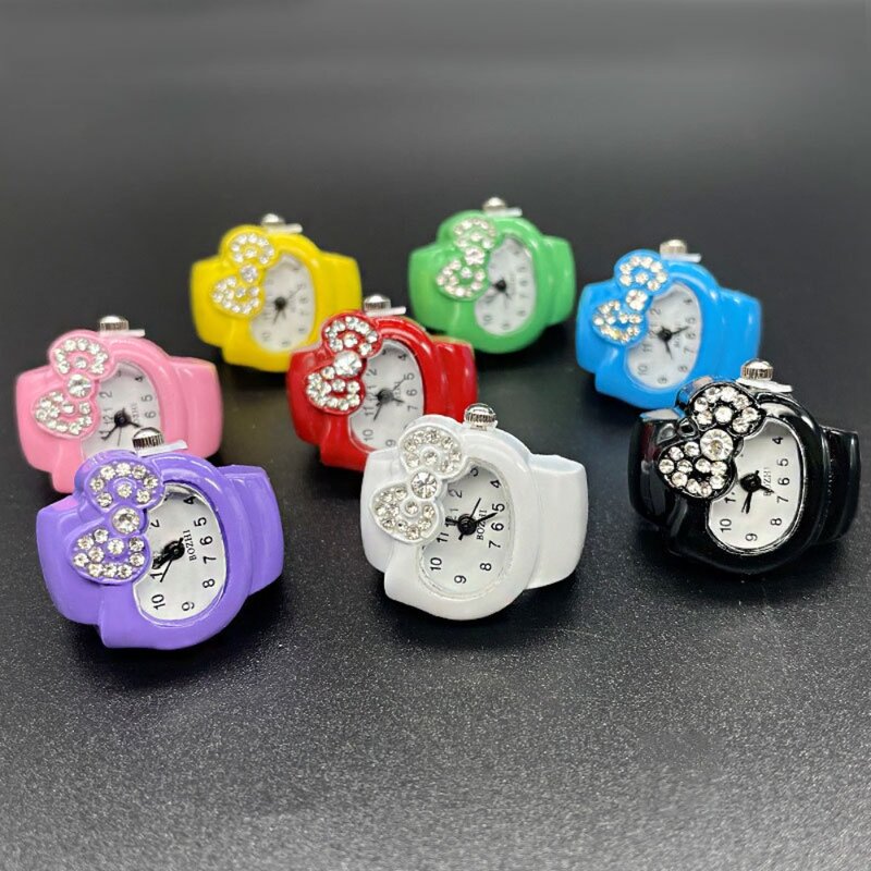 Rhinestone Watch Ring Kawaii Solid Color Bow Clock Ring Kids Toys Gifts