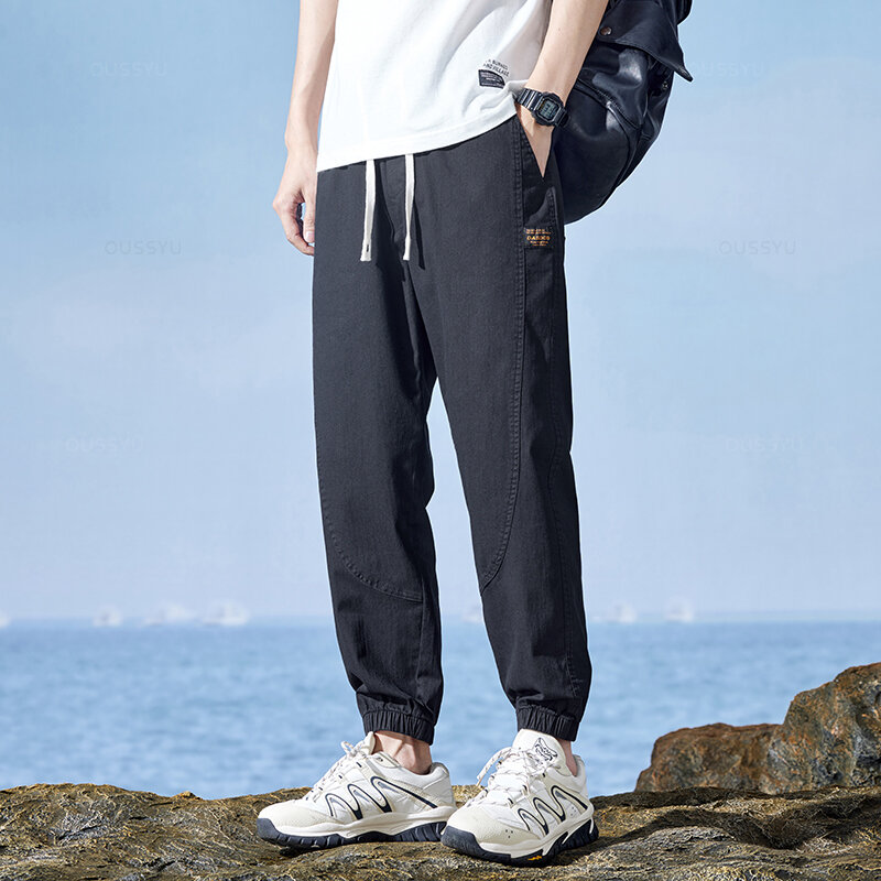 Celana Jogger katun pria, bawahan kargo kasual Hip Hop tipis Harajuku Korea pinggang elastis untuk kerja 2024