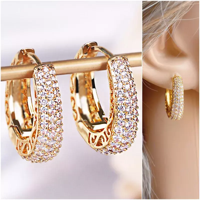 Huitan-Brincos CZ pavimentados de luxo para mulheres, cor dourada, design oco, temperamento, acessórios femininos para orelha, joias da moda