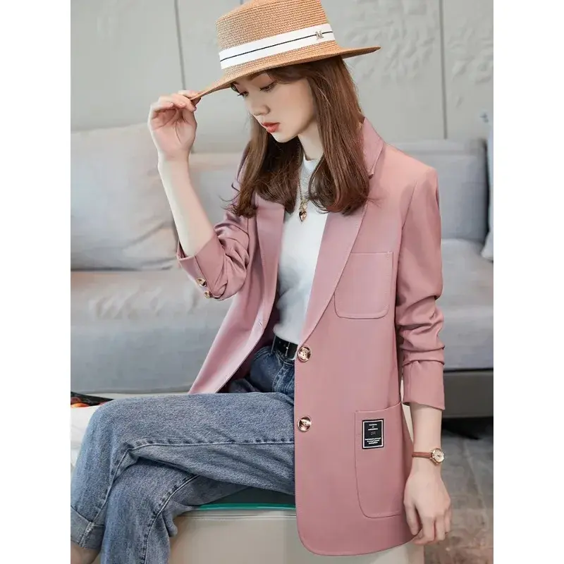 Blazer feminino casual de manga comprida, peito único, jaqueta solta para senhoras do escritório, roupa de trabalho, preto, rosa, cáqui