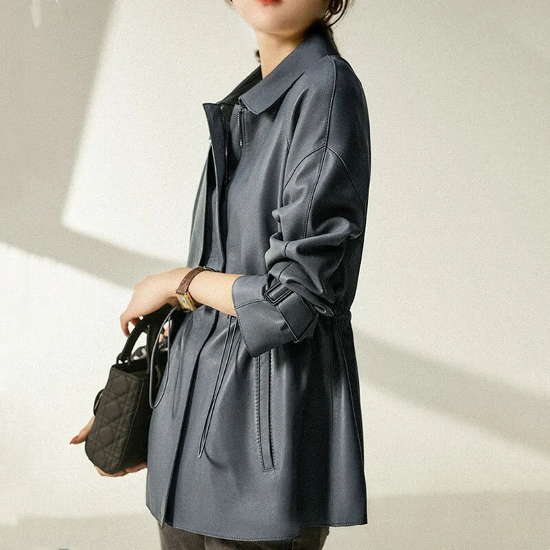 Jaket kulit wanita, atasan penahan angin kulit pu ramping Korea longgar, musim semi, musim gugur, panjang setengah gaya Barat, modis, baru, 2024