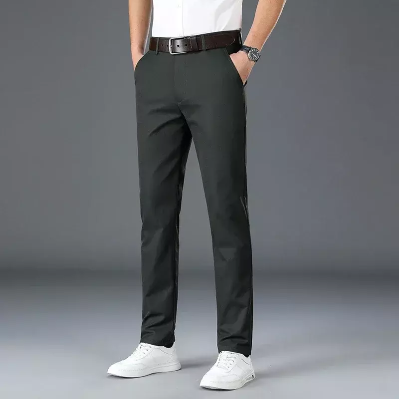 Celana panjang pria elastis lurus, modis bisnis Formal kasual ukuran besar 30-40 Musim Panas 2024