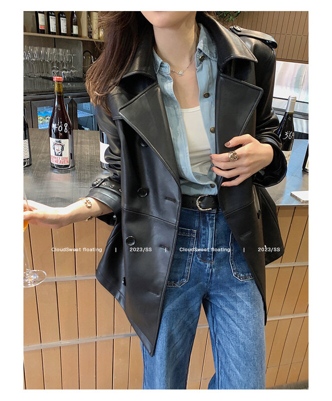 Genuine leather coat for women in  spring new style lapel double-breasted short waistband casual temperament long-sleeved