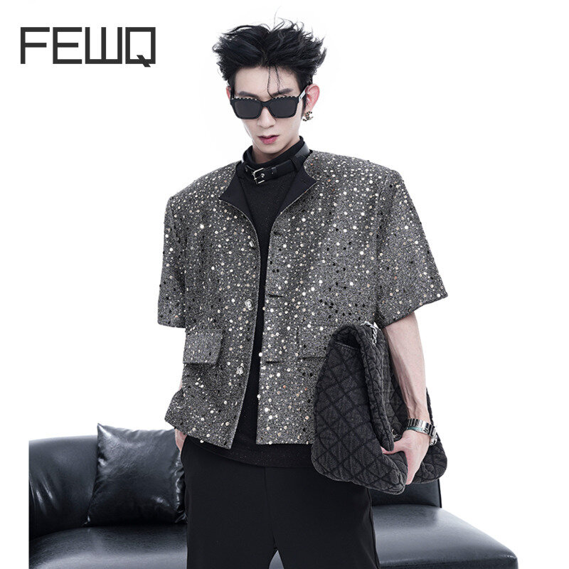 FEWQ-chaquetas de manga corta con lentejuelas para hombre, abrigo corto de sentido mayor, Top con hombrera, botonadura única, 24x9090