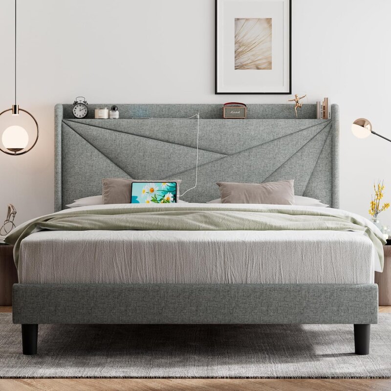 Pełne rama łóżka z portami typu C i USB, tapicerowane łóżko z pełnymi bokami rama łóżka z zagłówkiem do przechowywania skrzydeł, litego drewna