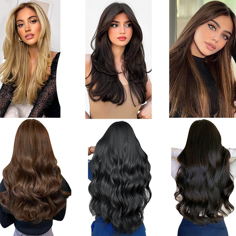 Synthetic 24Inch 5 Clip In Hair Extension Heat Resistant Long Wavy Black  Hairpiece For Women Natural Fake Hair Black Blonde