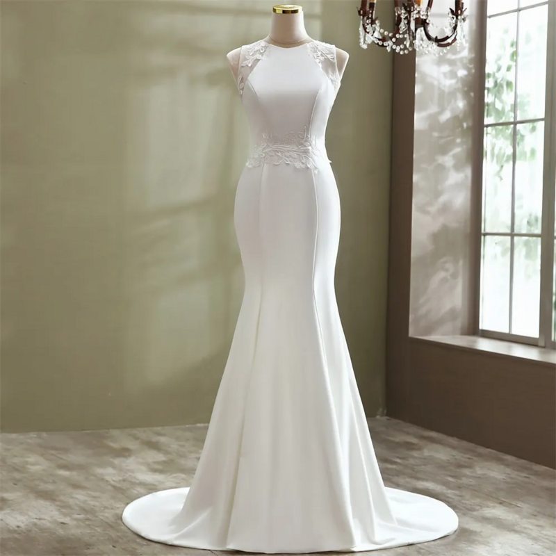 Elegante vestido de noiva sereia branca, sem mangas Applique Lace, andar de comprimento, vestido nupcial Halter