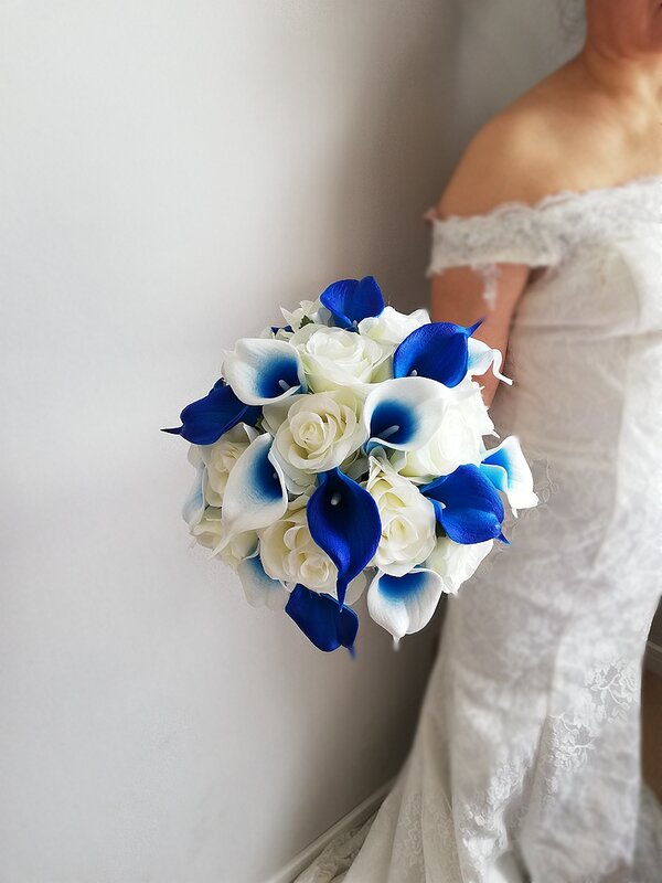 Bouquet de mariée Calla bleu Royal avec roses ivoire, Bouquet de demoiselle d'honneur, accessoires de mariage