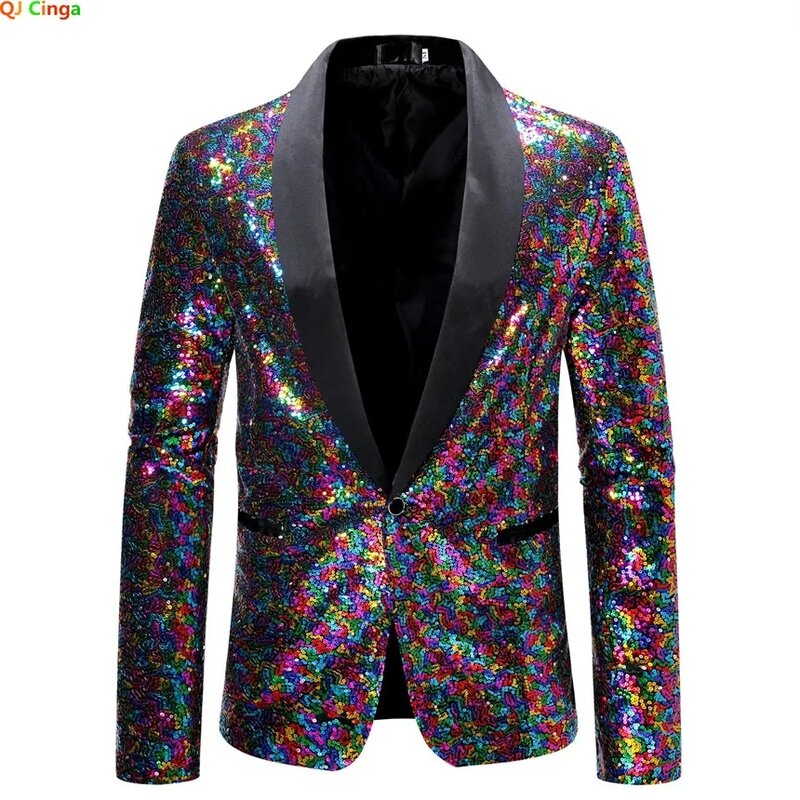 Jaket Blazer Berhias Glitter Payet Emas Berkilau Mantel Setelan Prom Klub Malam Pria Kostum Pakaian Panggung Homme untuk Penyanyi