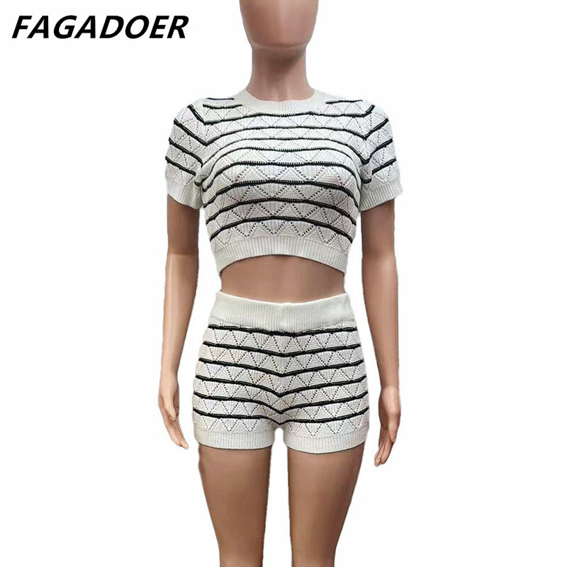 FAGADOER Summer New Black White Striped Sweet Shorts Sets Women Knitting O Neck Crop Top And Shorts Two Piece Outfits Streetwear