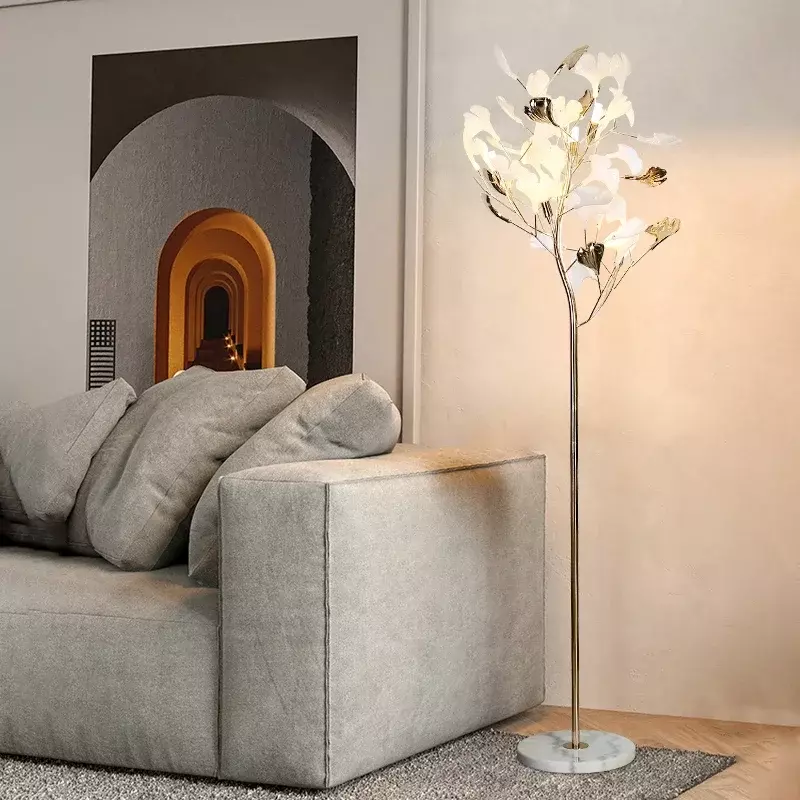 Lampu lantai kreatif mewah, lampu berdiri Nordik Modern dengan bentuk bunga Ginkgo, dekorasi rumah ruang tamu kamar tidur