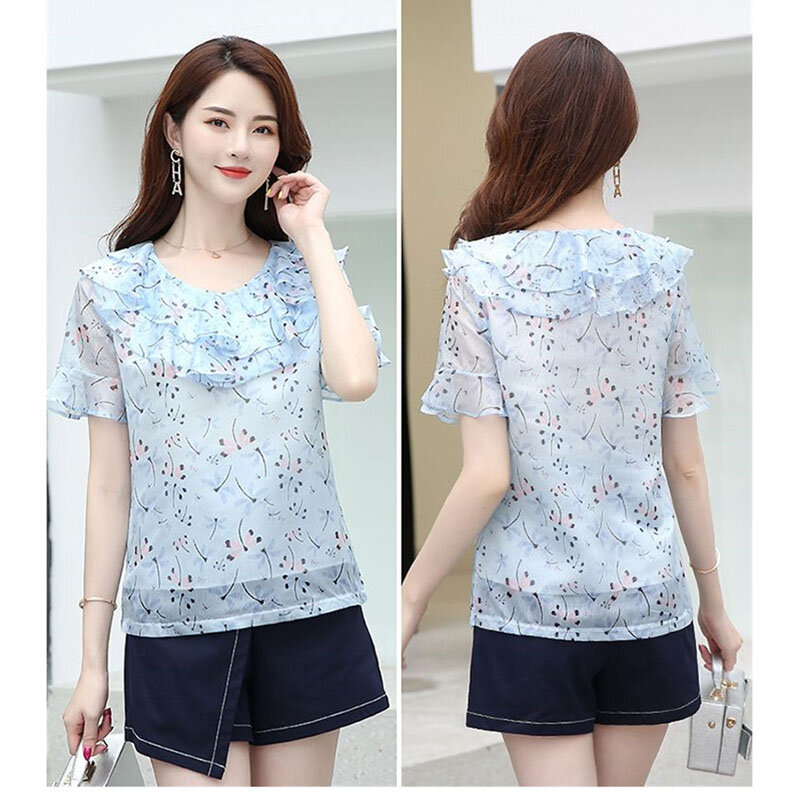 Double Floral Blouse Summer Lotus Leaf Collar Covered Belly Chiffon Shrit With Short Sleeves Fashionable Temperament For Women