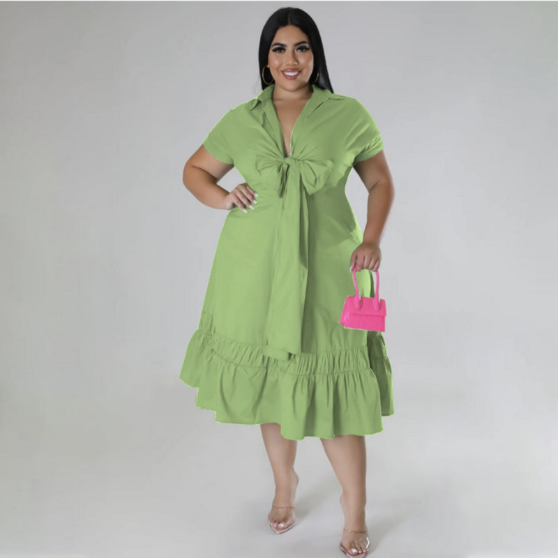Plus Size Casual Ruffles Dress XL-5XL scollo a V manica corta Lace Up Fungus Hem Half Dresses Streetwear Casual Women Vestidos 2023