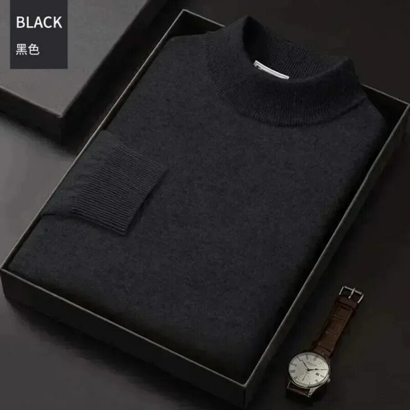 New 2024 Men's Mock Collar 100% Pure Woolen Sweater Tops Autumn Winter Cashmere Sweater Men Pullover Knitted Warm Sweater Male