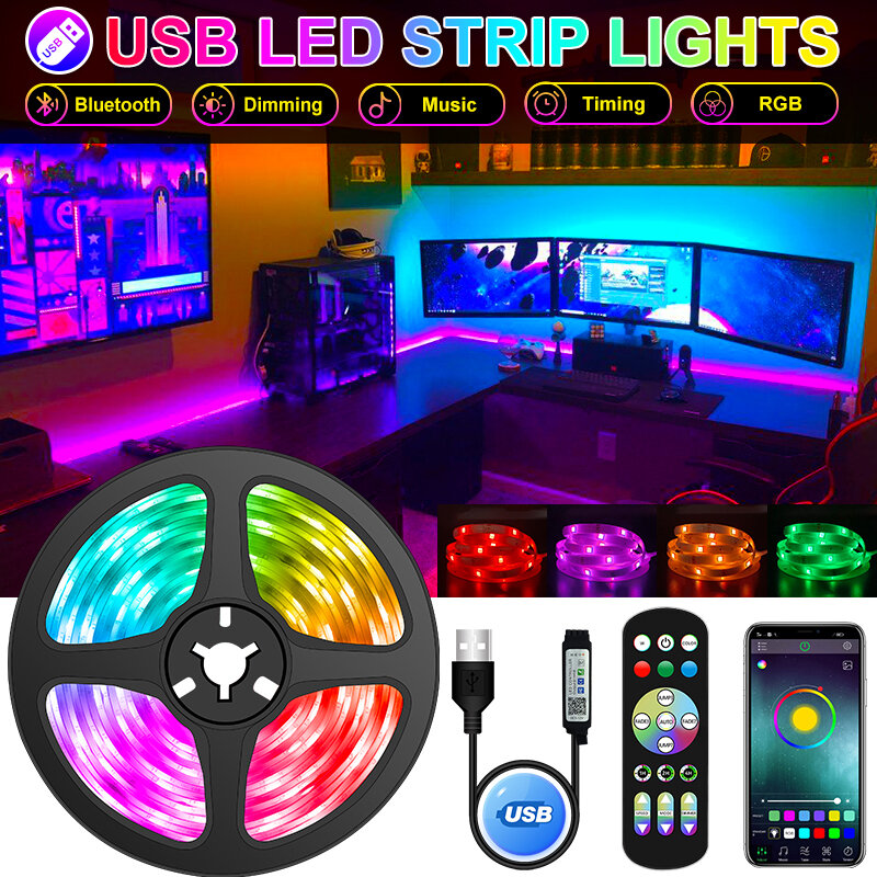 USB 5050 LED Strip Lights para sala de estar, RGB, Bluetooth, Controle APP, Luces Led, Decoração de Diodo Flexível, Fita da lâmpada, 1-30m