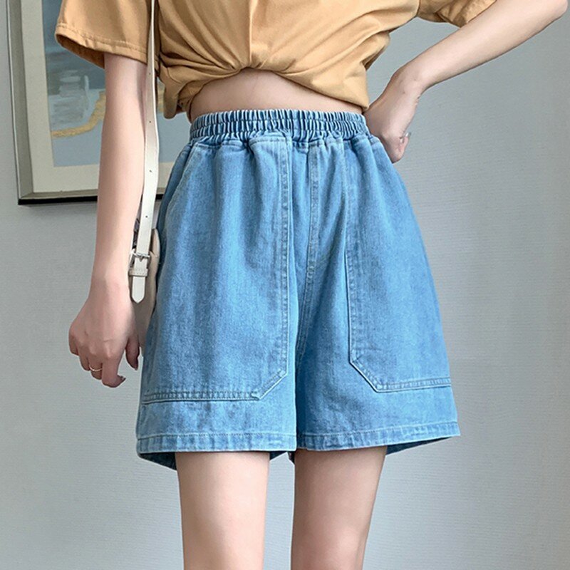 Celana pendek Denim kasual pinggang tinggi kedatangan baru 2024 musim panas gaya sederhana warna Solid dasar longgar Wanita Jeans pendek tipis W1713
