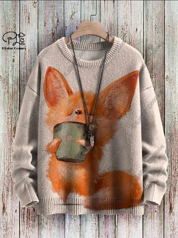 New animal series 3D printing retro cute fox art printing authentic ugly sweater winter casual unisex sweater