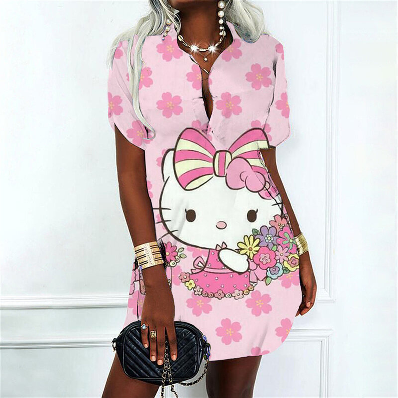 Hello Kitty ชุดสตรีทแวร์เสื้อโปโลแฟชั่นสำหรับผู้หญิงชุดเดรสเซ็กซี่ลายการ์ตูนน่ารักสำหรับชุดเดรสปาร์ตี้