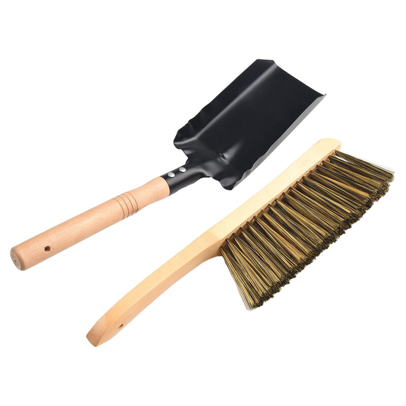 Spade Wooden Handle Brush para limpeza doméstica, madeira de cabelo marrom, aço carbono, lareira, 33x8cm, 37x10cm