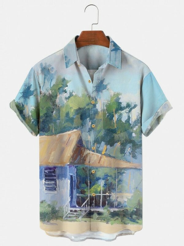 3D Printing Y2k Hawaiian Casual Cotton Shirt With Short Sleeves Green Men's Imported Clothing Travel Oversized Luxury