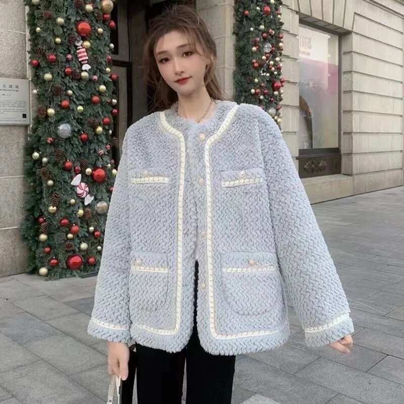 Casaco de pele de cordeiro acolchoado feminino, jaqueta de fragrância pequena, tops femininos, outwear de alta qualidade, novo, outono inverno, 2022