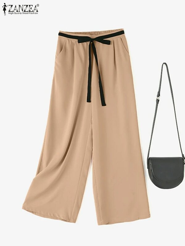 ZANZEA 2024 Fashion Women Elegant Pants Casual Solid Color Capris Summer High Waist Pantalons Bandage Casual Loose Long Trousers