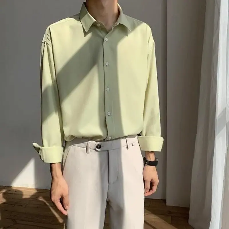 Camisa de seda de hielo verde menta para hombre, ropa Formal de manga larga con botones, informal, suelta, drapeada, 2024