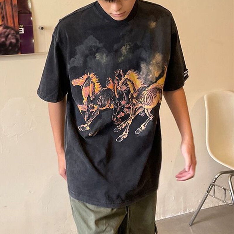 Новинка лета 2023, Хлопковая мужская футболка, уличная одежда в стиле хип-хоп, тату с принтом призрачной лошади, американская искусственная кожа, Повседневная Свободная Женская одежда