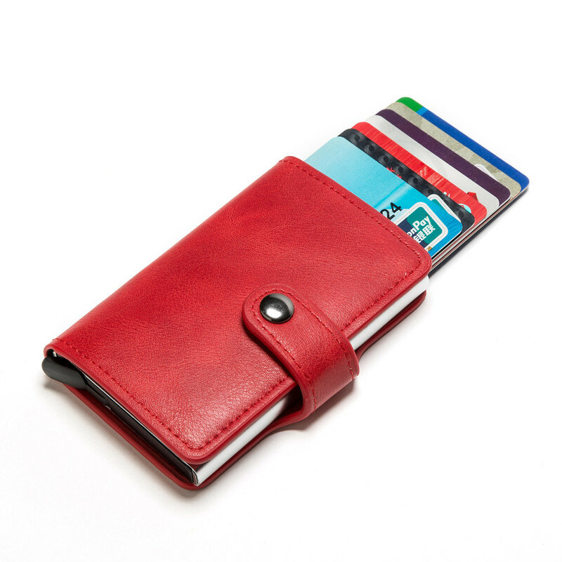 RFID Blocking Vintage etui do kart kredytowych dla mężczyzn etui na dowód ze stopu aluminium automatyczny portfel męski ze skóry metalowej