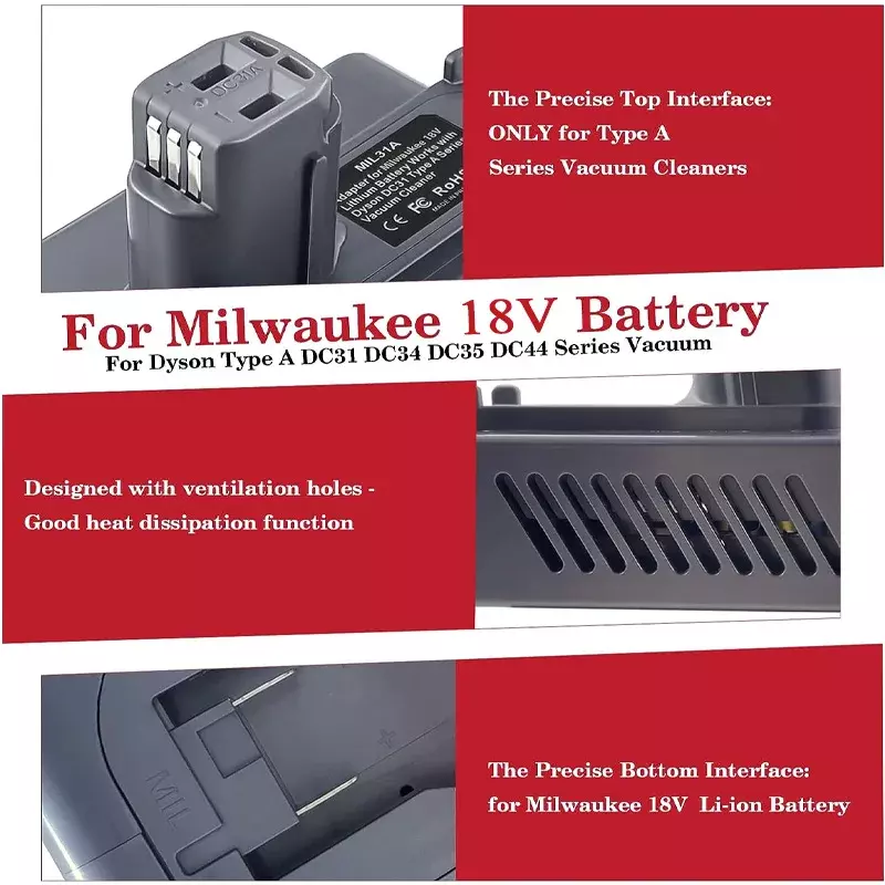 Adaptador de batería de iones de litio de 18V para Milwaukee, convertidor para Dyson tipo A/tipo B, aspiradora de mano inalámbrica
