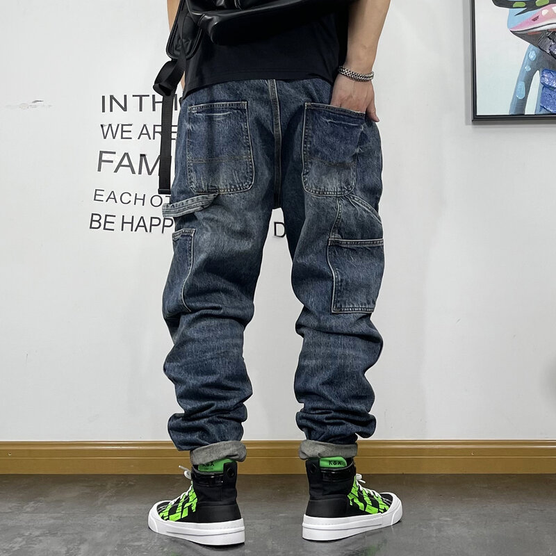 Джинсы-карго мужские в стиле хип-хоп, уличная одежда, брюки-султанки для скейтборда, джинсовые повседневные штаны в японском стиле Харадзюку, в американском стиле
