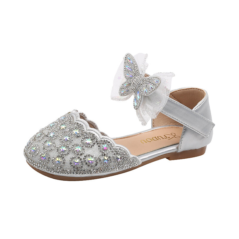 Sepatu kulit anak perempuan, sepatu selop kulit dengan renda kupu-kupu kristal untuk pesta pernikahan berkilau berlian imitasi