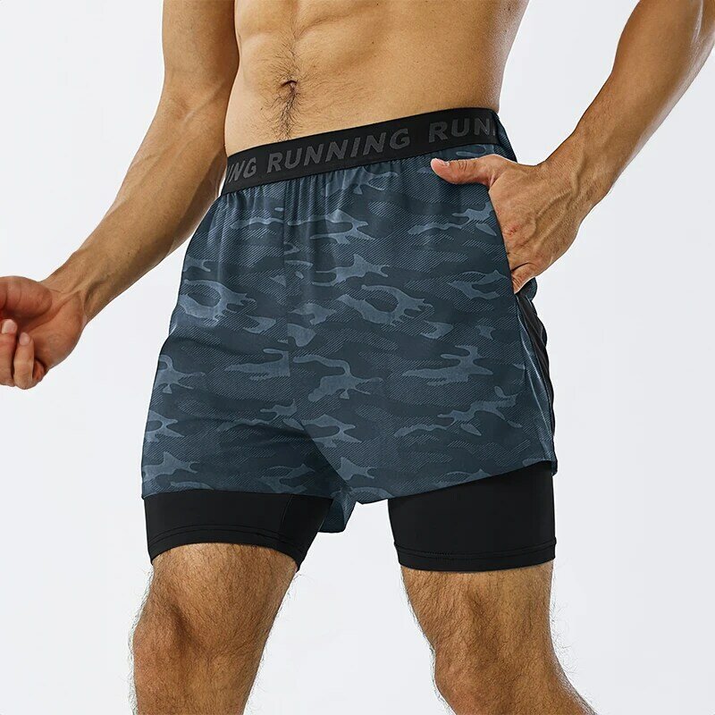 กางเกงขาสั้นผู้ชายแบบ2 in 1แห้งเร็วกางเกงวิ่งออกกำลังกายเพาะกายฟิตเนสกางเกงขาสั้นสองชั้นสำหรับฤดูร้อน