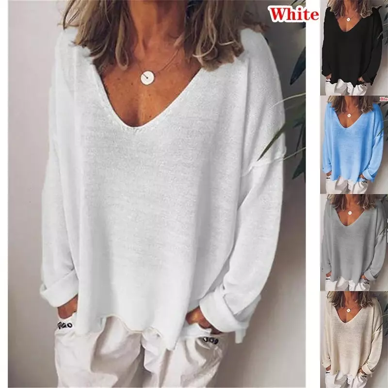 New  Summer  Womens Clothing Solid Color T Shirts Casual Loose Tops Femme V-Neck Blouses Long Sleeve Thin Clothes Fashion Daily