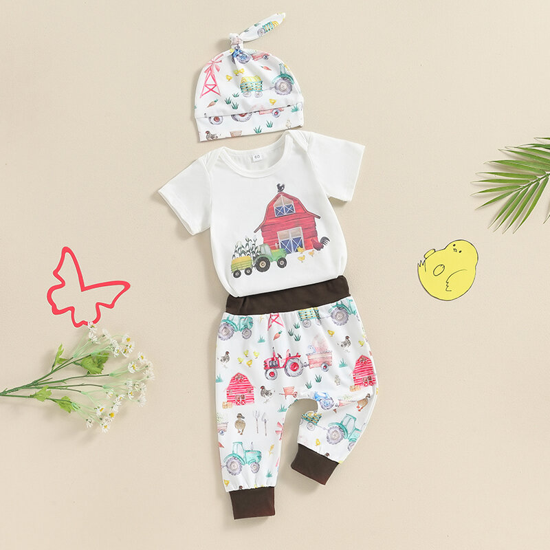 Conjunto de calças e macacão estampado para bebês meninos, roupas de verão, roupas de fazenda de manga curta, 3 peças, 2024-04-15