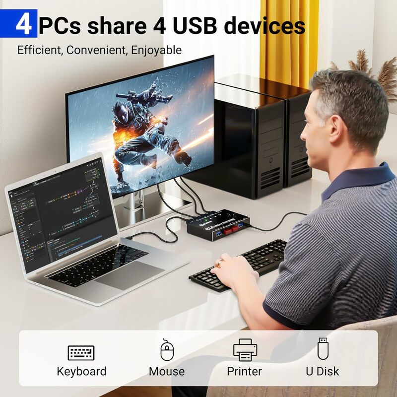 مفتاح USB لـ 4 مشاركة ، كاميت ، 4 منافذ ، لوحة مفاتيح ، ماوس ، محدد USB ، ماك ، ويندوز ، لينكس