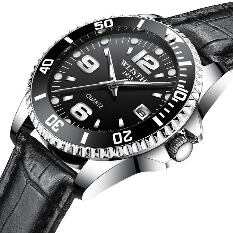 WLISTH-Relógio quartzo de aço inoxidável e couro masculino com calendário, impermeável, relógio casual masculino, preto, luxo, marca de moda