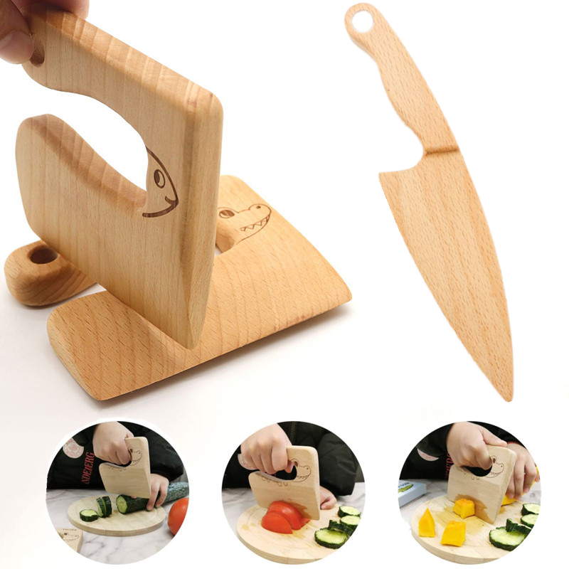 Cuchillo de madera con forma de dinosaurio para niños, herramienta de cocina con forma de pez, cortador de frutas y verduras, Juguetes