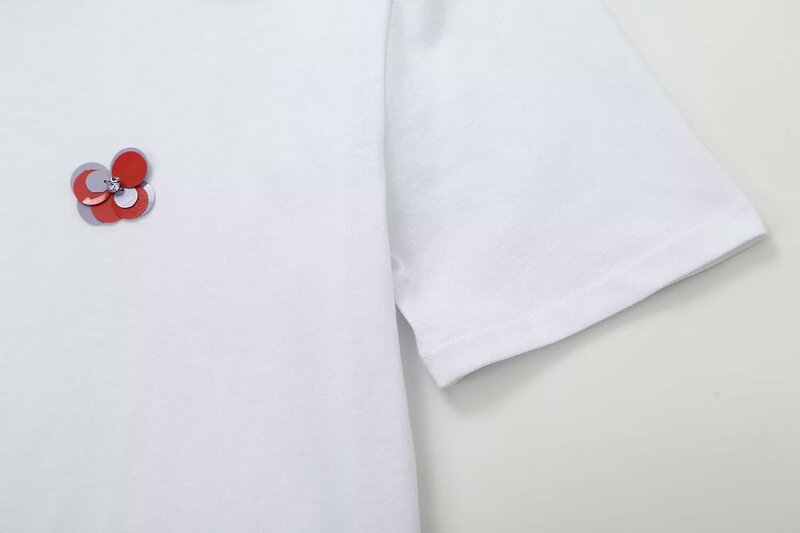 Camiseta casual de algodão feminino com decote em O, pulôver manga curta, top solto versátil, decoração floral, nova moda, 2024