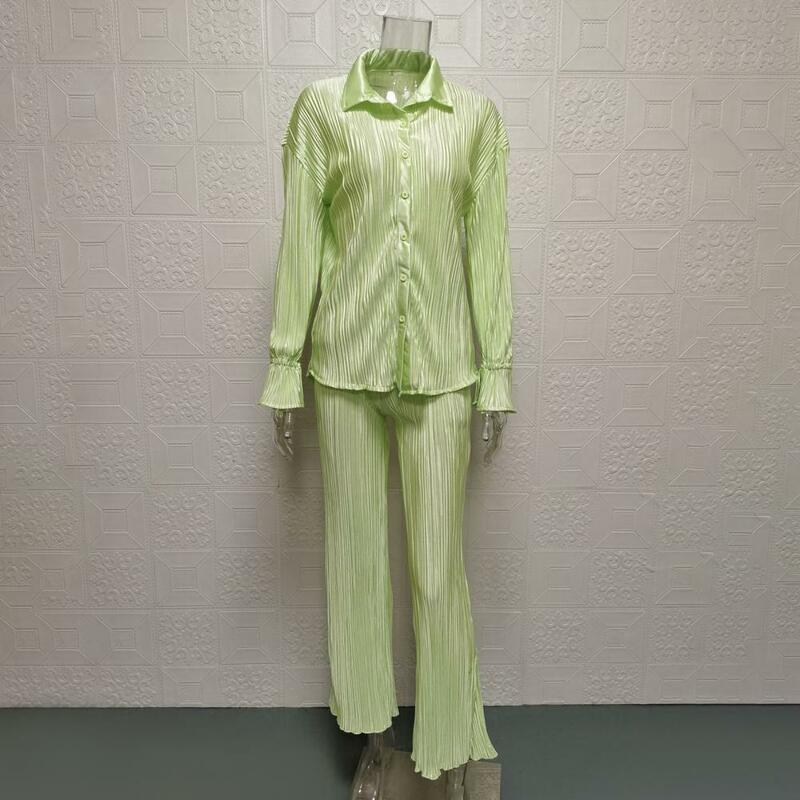 Женская весенняя одежда, Элегантный женский плиссированный комплект из рубашки и брюк с однобортной блузкой и широкими штанинами, Стильные повседневные брюки