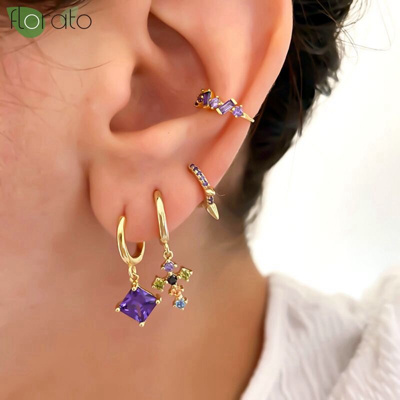 925 Sterling Silver Needle Purple Crystal Star Pendant Hoop Earrings for Women Fashion Gold Earrings High Luxury Jewelry Gifts