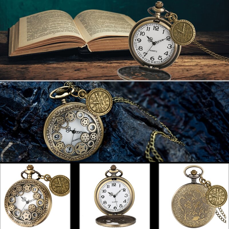 Vintage Antique Quartz Relógio de Bolso para Homens e Mulheres, Bronze Steampunk, Engrenagem Oca, Bronze, Corrente de Relógio Pingente com Acessório