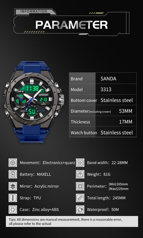 Sanda 3313 Student Mode Trend Militaire Stijl Heren Multifunctionele Outdoor Waterdichte Elektronische Horloge Digitale Polshorloges