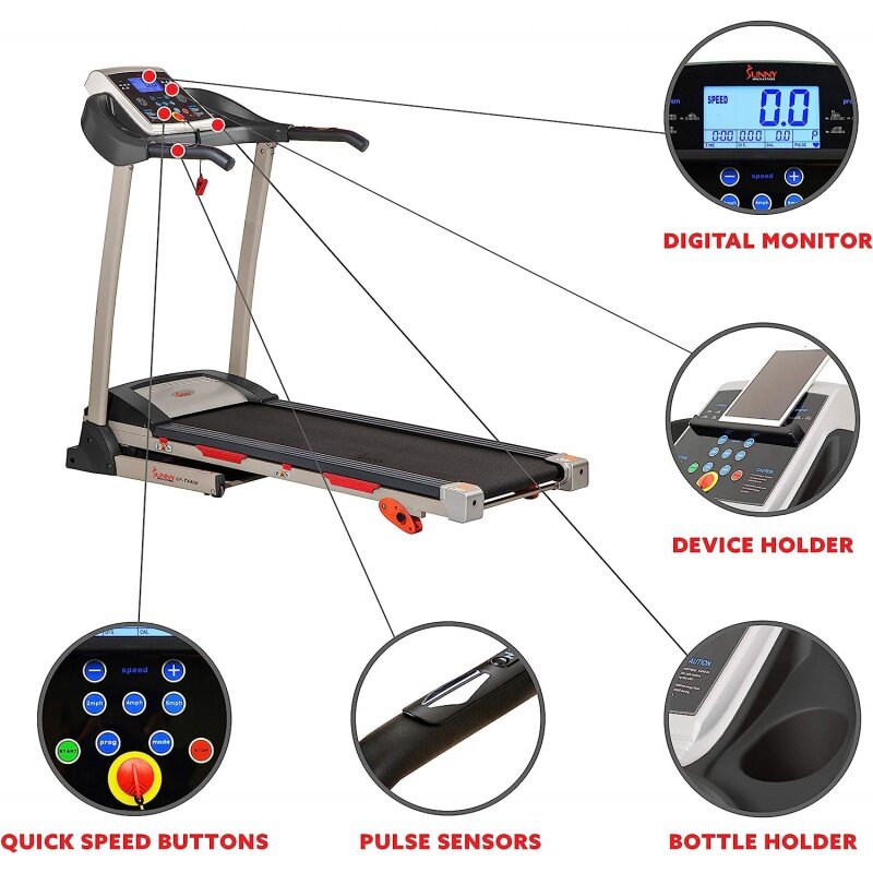 Sunny Health & Fitness Premium Folding Incline Treadmill with Pulse Sensors, One-Touch Speed Buttons, Shock Absorption, Opti