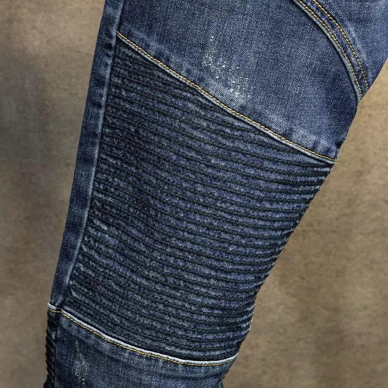 Celana Jeans pria Fashion jalan, celana jins Retro biru disambung desainer elastis Slim Fit pengendara sepeda pria, celana desainer Hip Hop kerut tambalan