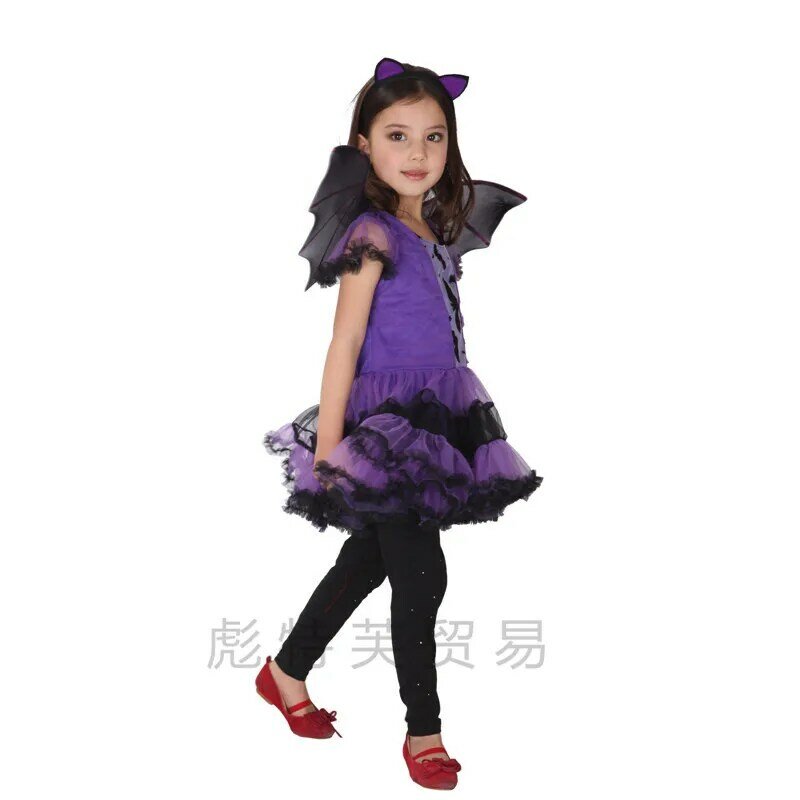 Costume de Cosplay Chauve-Souris Violette pour Enfant, Robe de Sorcière Dégradée, Accessoires d'Halloween Féminins