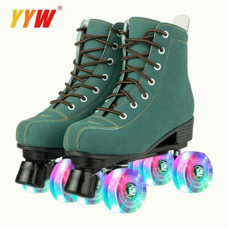 Artificial Leather Pink Orange Green Roller Skates Shoes Woman Man 4-Wheels Flash Pantines Ourdoor Sports Sneaker Size 35-45