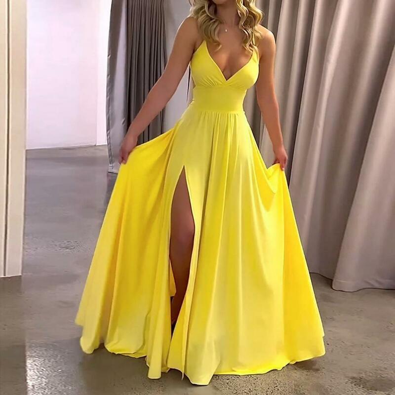 Gaun musim panas seksi gaun panjang tali pantai Bohemian Vintage wanita gaun leher-v kasual wanita pakaian kuning wanita